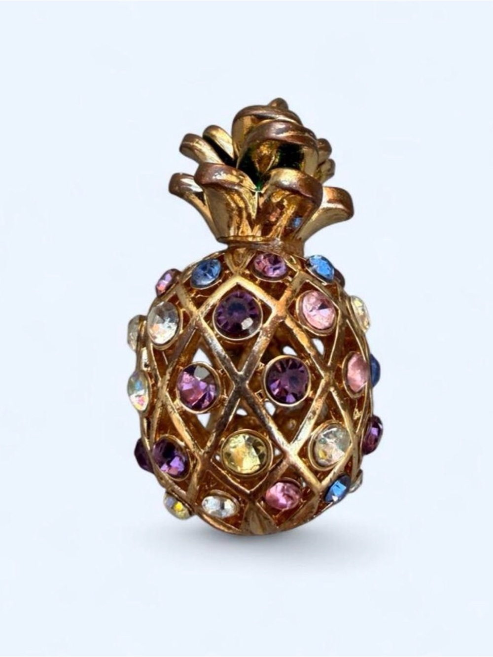 Vintage Gold Tone Bejeweled Pineapple Charm for Necklace Rhinestone Boho